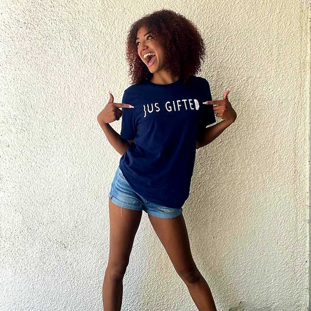 woman wearing Jus Gifted shirt