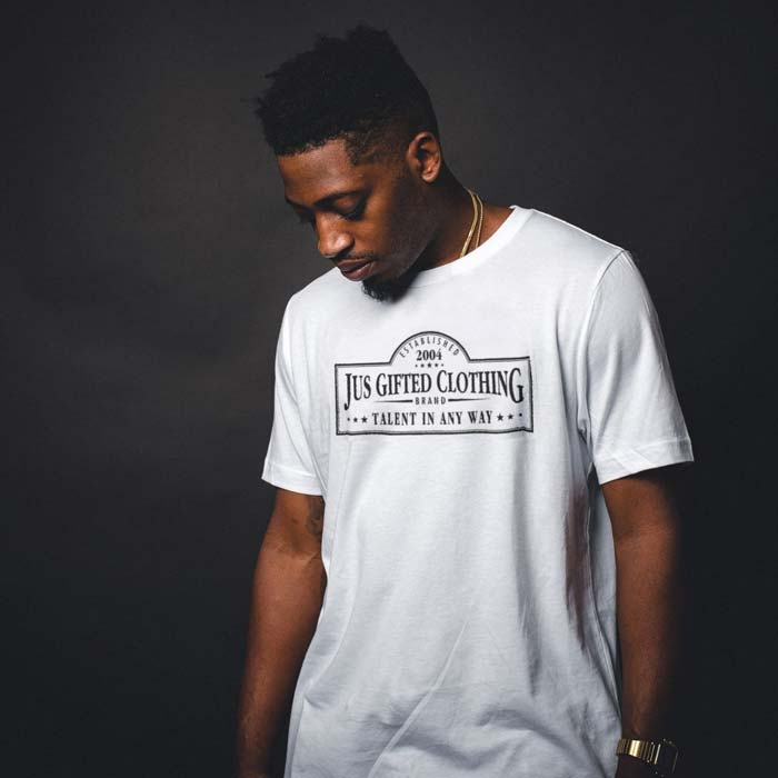 man wearing Jus Gifted shirt