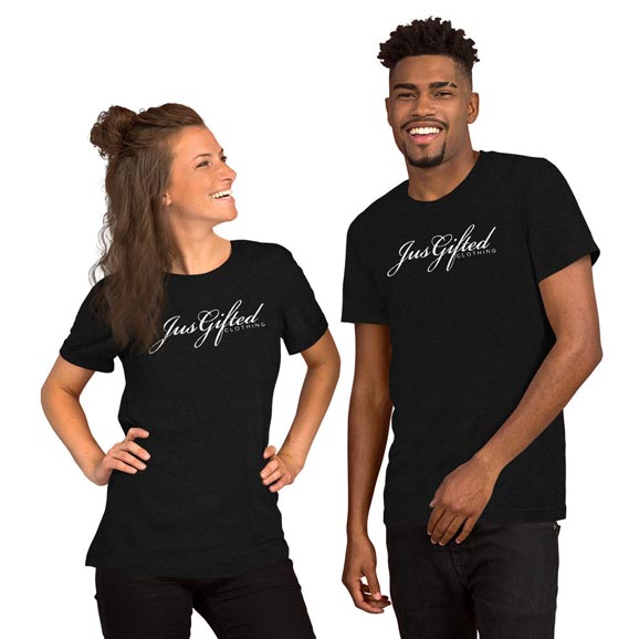 two models wearing Jus Gifted shirts
